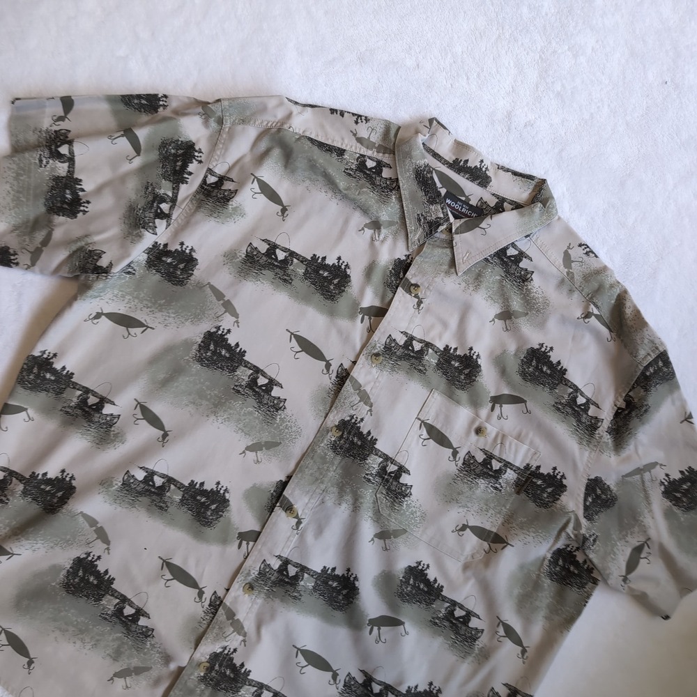 Vintage Woolrich Fishing Shirt Mens 2XL Canoe Lure Print Short Sleeve Button XXL
